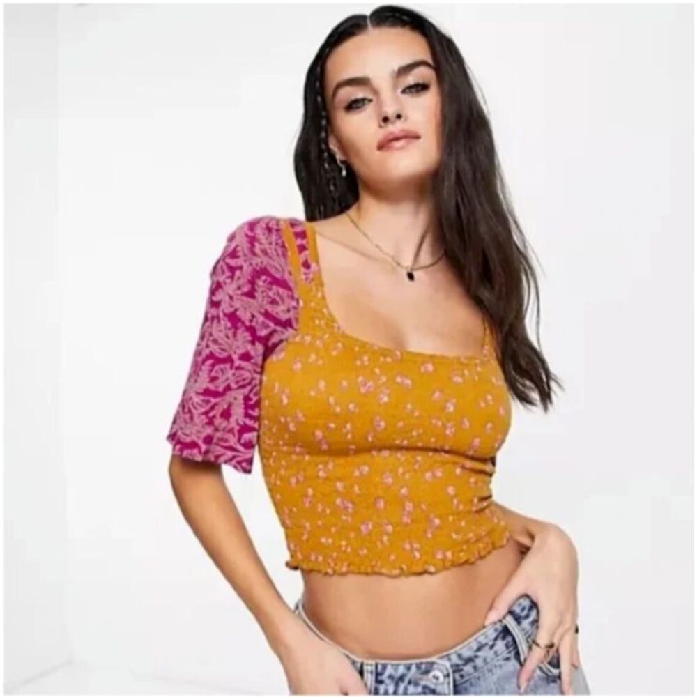 Free People Smocked Crop Top Sz S Ditsy Floral Boho Mustard Yellow Magenta‎